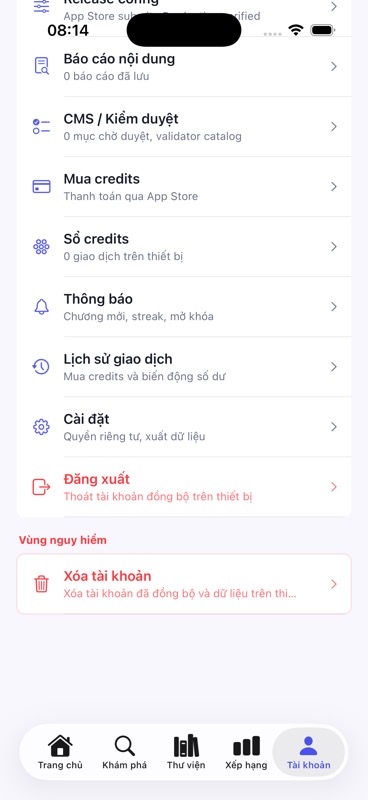 Màn hình tài khoản với vùng nguy hiểm tách riêng cho xóa tài khoản