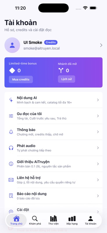 Màn hình tài khoản và cài đặt phát audio