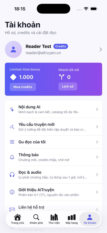 Màn hình tài khoản hiển thị credits, yêu cầu truyện mới và đọc audio