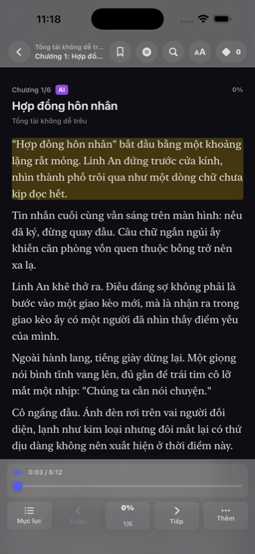 Màn hình đọc truyện có audio player