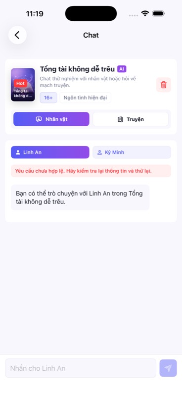 Màn hình chat với nhân vật trong truyện