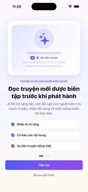 Màn hình onboarding giới thiệu nội dung AI có biên tập