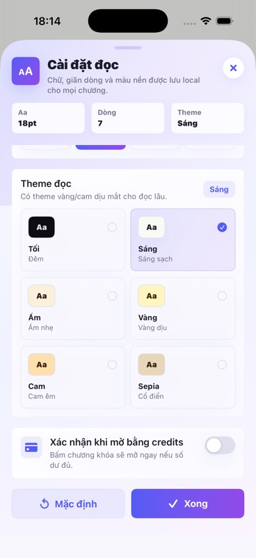Màn hình cài đặt đọc có tùy chọn xác nhận khi mở bằng credits