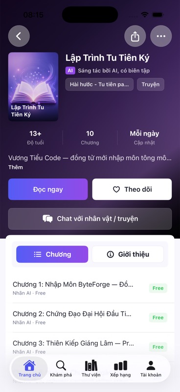 Màn hình chi tiết truyện có nhãn nội dung AI